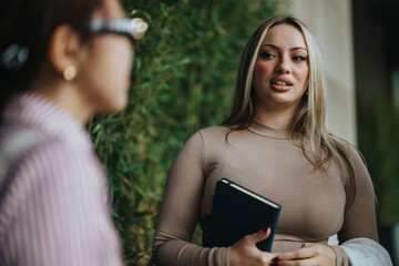 Two professional women engaged in an outdoor conversation, creating a friendly and collaborative business environment. One holds a book, symbolizing professionalism and preparedness.