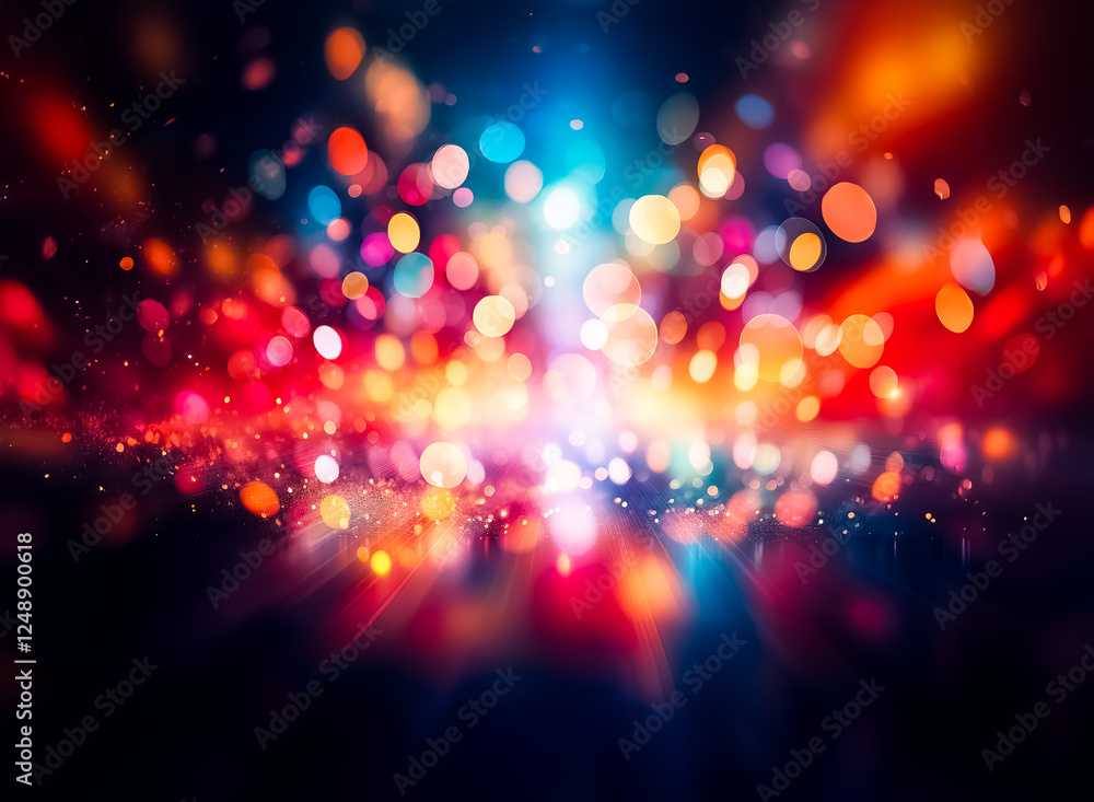 Poster vibrant bokeh lights in blue, red, and orange create a dazzling display against a dark backdrop. the