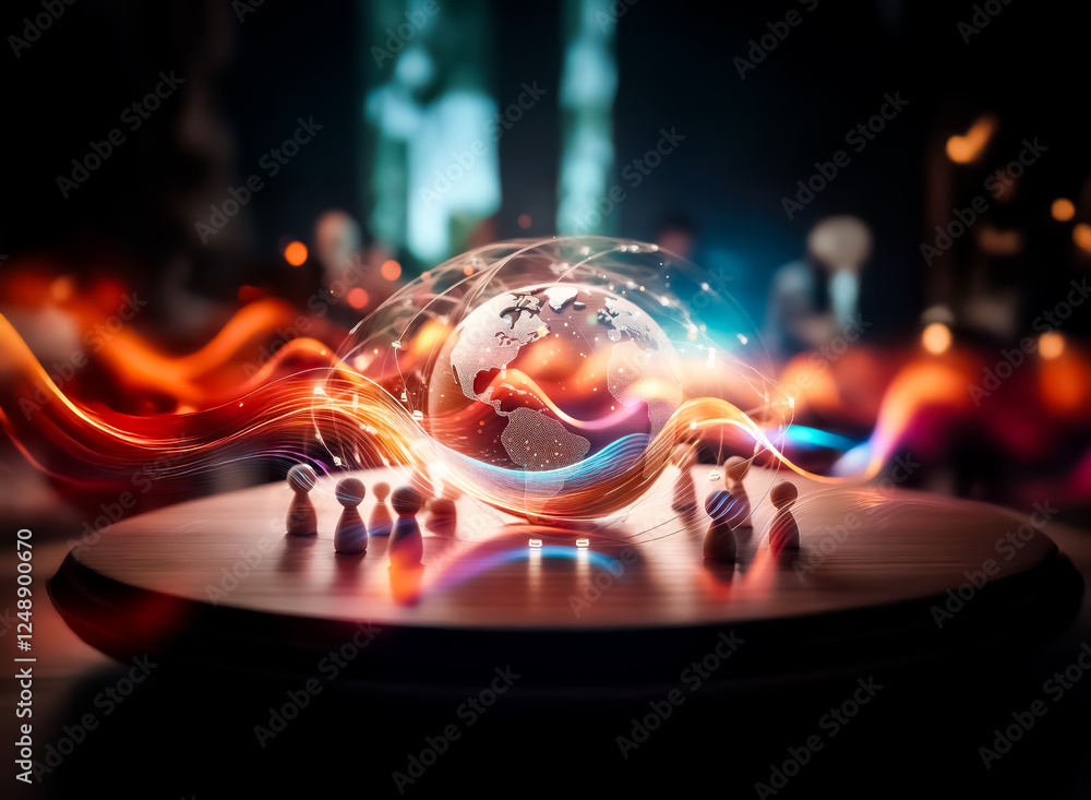 Poster Abstract glowing waves of orange and blue light ripple across a dark background. Dynamic and vibrant, soft bokeh effect creates a mesmerizing and elegant visual.