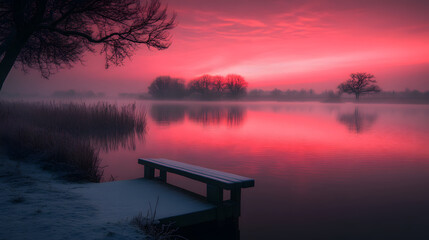 A serene winter scene featuring a tranquil lake at sunrise, with icy shores and vibrant pink and purple skies reflecting on the water