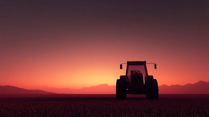 Obraz premium Silhouette of a tractor against a vibrant sunset over distant mountains in a serene landscape