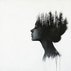 A silhouette of a woman blends seamlessly with a forest, symbolizing a connection between nature and inner thoughts.
