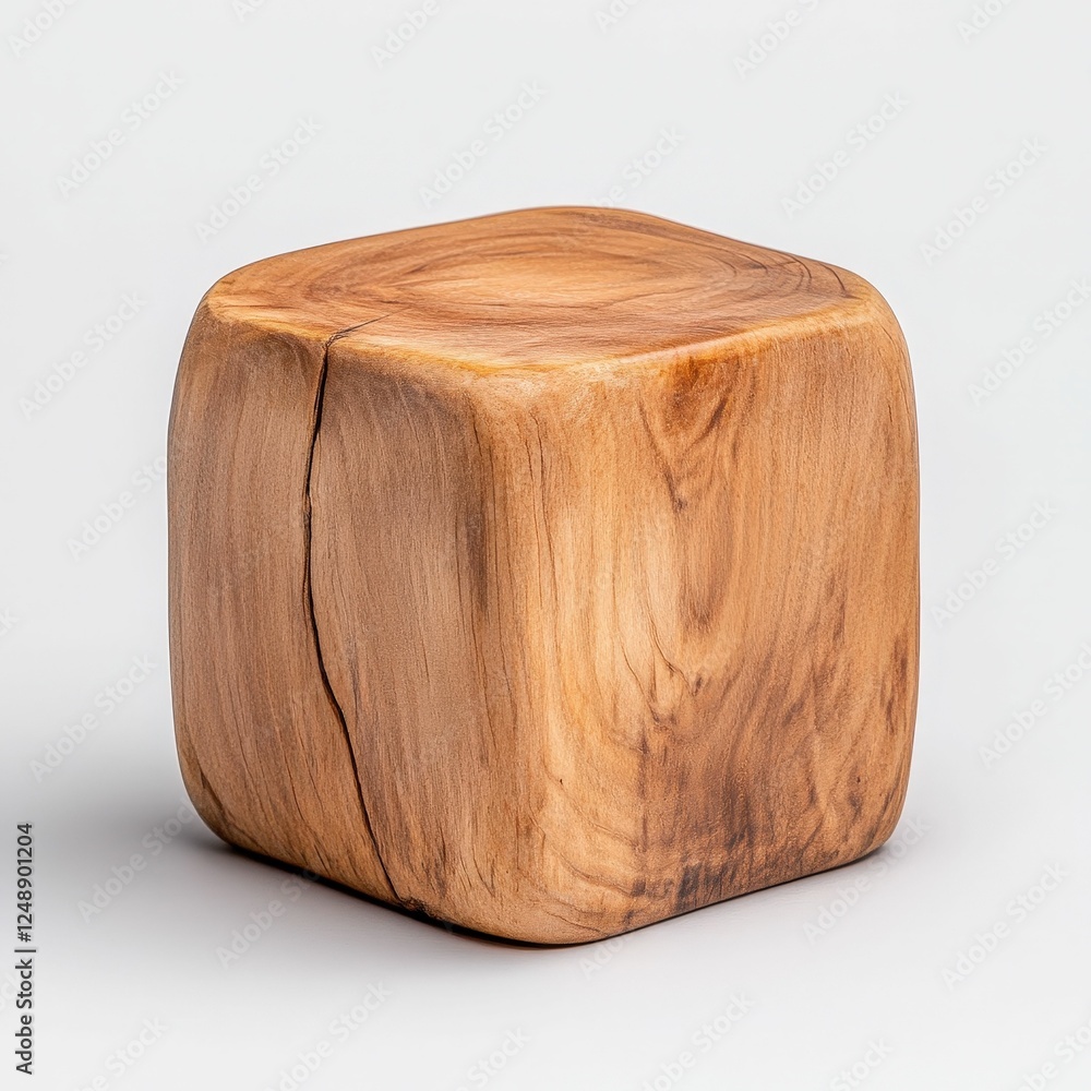 Poster a rustic wooden cube with a smooth surface and natural grain, showcasing its unique texture and char