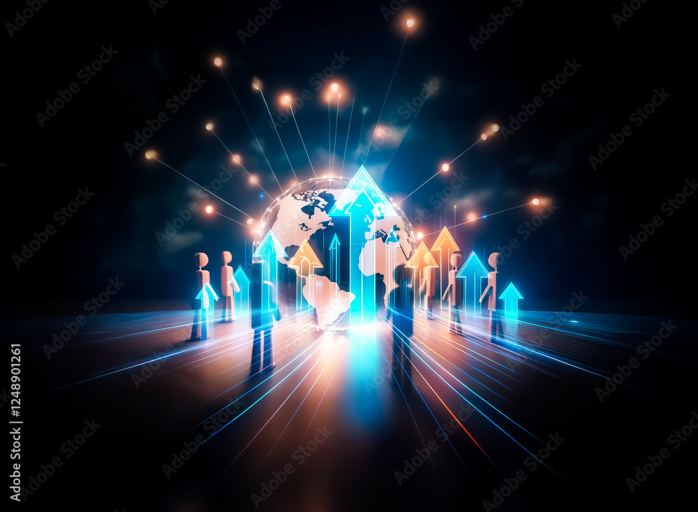 Poster illuminated blue and orange arrows ascend on a black backdrop, radiating bright light trails, symbol