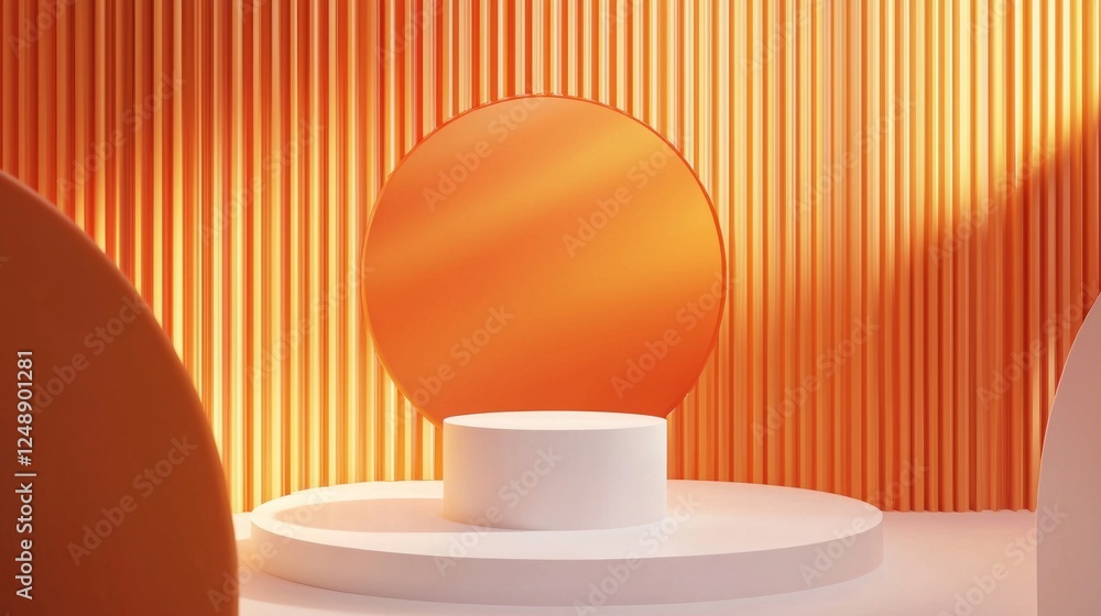 Aufkleber A captivating setup featuring an orange cylinder podium against a backdrop of vertical patterns and a round window. This stage is ideal for showcasing products with a modern touch