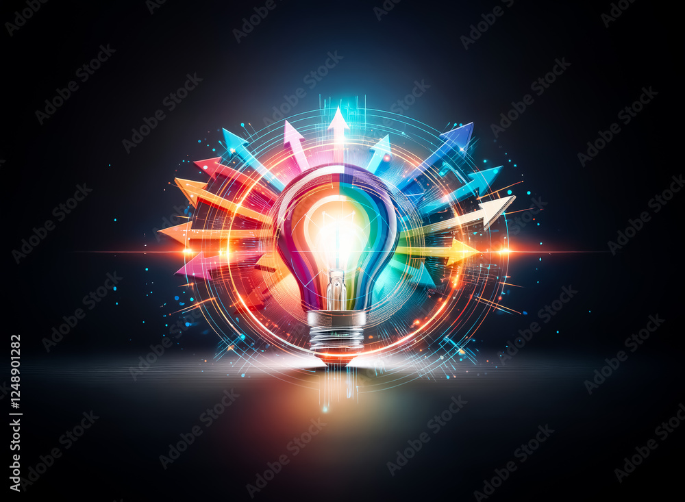 Poster abstract futuristic technology display. a glowing circular element with layered rings, blue and oran