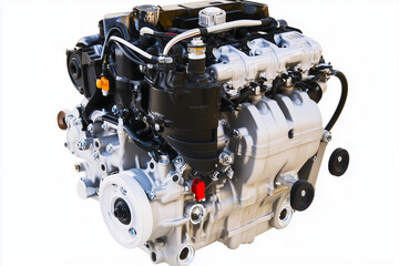 Fototapeta premium Selective focus car motor isolated on white background, Motor part on white background, Engine part from vehicle.