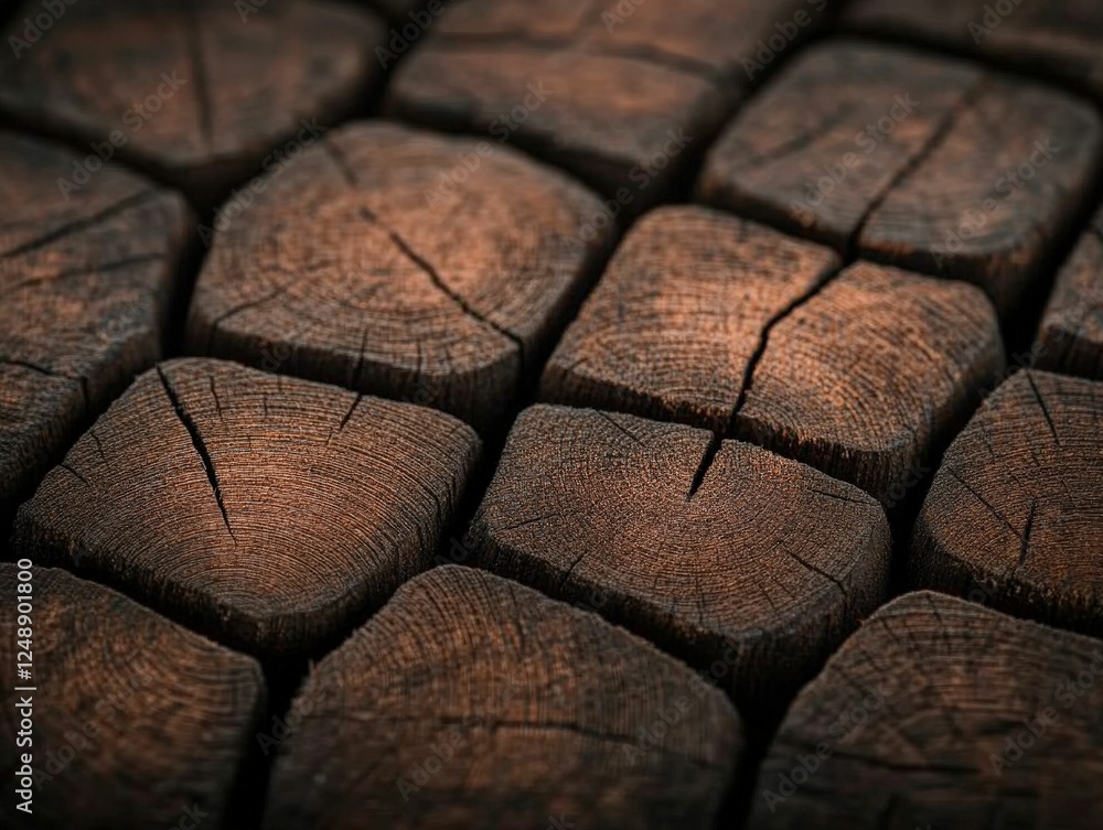 Poster a close-up view of textured wooden blocks, showcasing intricate patterns and cracks in a natural, ru