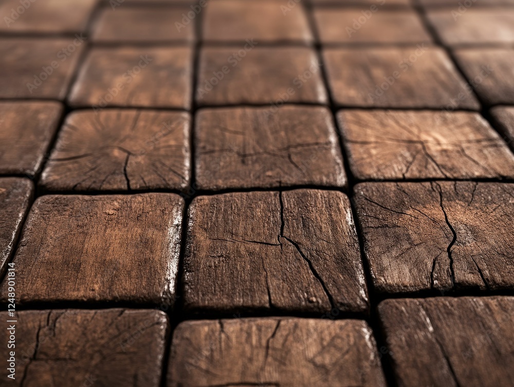 Poster a close-up view of rustic wooden tiles with visible cracks, showcasing the texture and detail of age