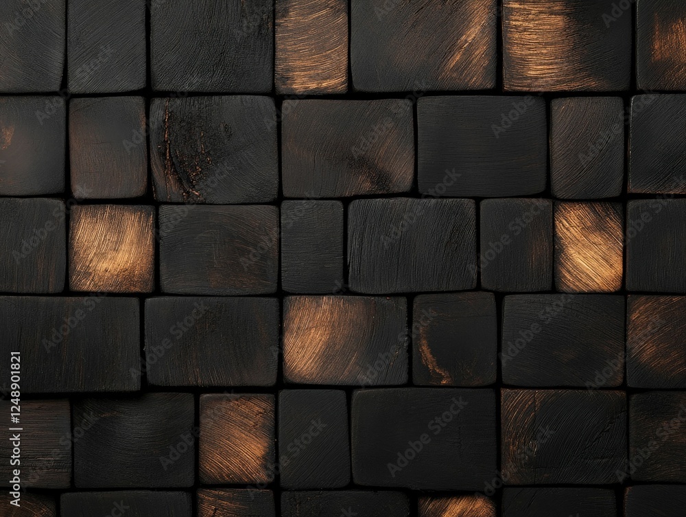 Poster a textured surface of interlocking black tiles with subtle golden highlights, creating a sophisticat