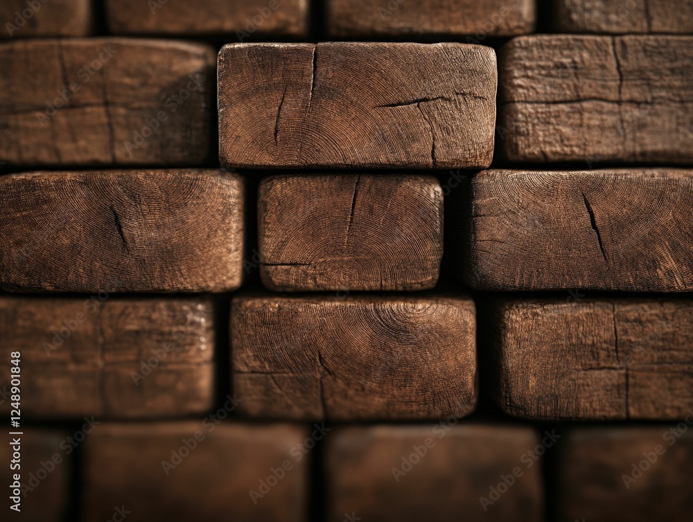 Poster a close-up image of textured brown wooden blocks arranged in a grid pattern, showcasing the natural 
