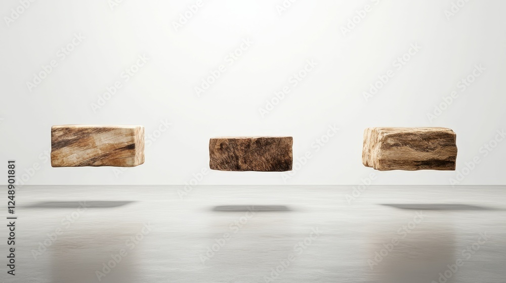 Poster three wooden blocks appear to float in a minimalist gallery space, showcasing natural textures again