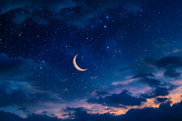 Crescent moon night sky cloudscape, stars, twilight, celestial, background