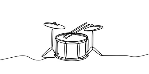 continuous line drawing.drum and sticks.minimalist line music concept.drum musical instrument tool.hand drawn vector illustration