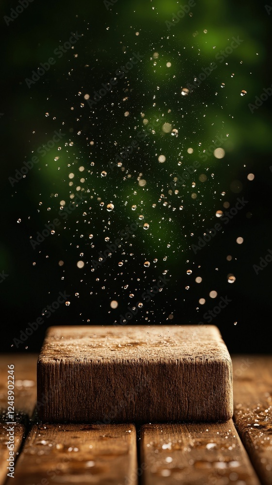 Poster a wooden block sits on a table, surrounded by glimmering droplets of water, creating a serene and my