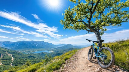 Fototapeta premium A bicycle resting against a tree on a rugged mountain trail, with a breathtaking view of the valley below, inviting adventure.