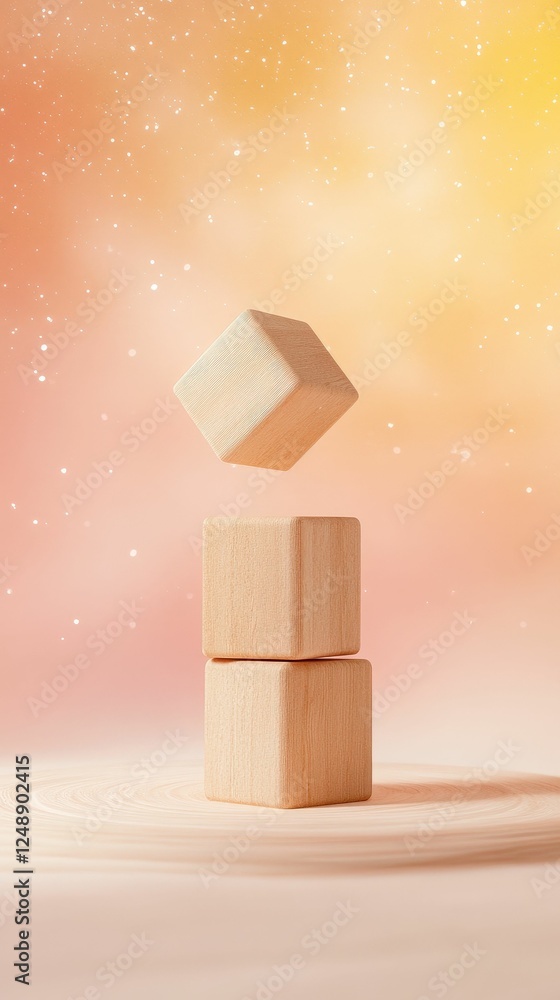 Poster a minimalist image featuring wooden blocks with one cube floating above them against a soft, colorfu