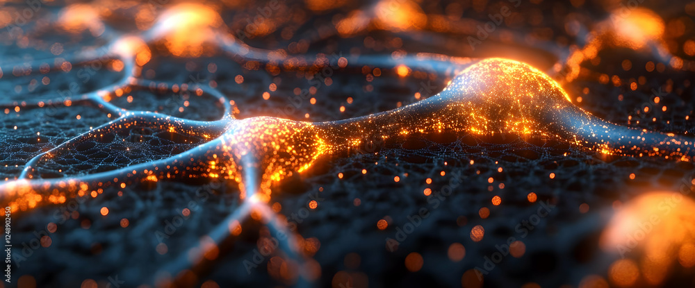 Poster abstract neural network structure with glowing orange and blue lines
