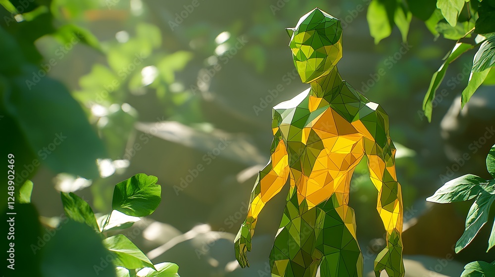 Poster low-poly design a vibrant low-poly character stand created from leaves with intricate details and a 