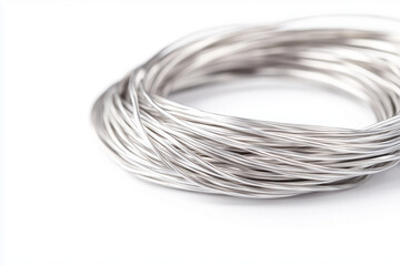 Selective focus bunch of silver and aluminum wire for electricity and jewelry isolated on white background.