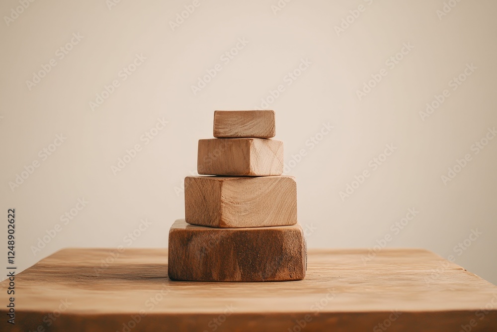 Poster a minimalistic stack of wooden blocks arranged on a wooden surface against a plain background.