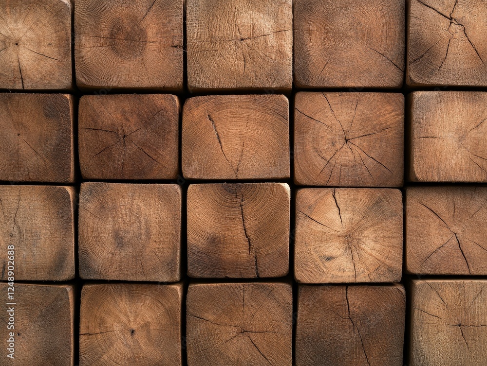 Poster a close-up view of wooden blocks arranged in a grid, showcasing their textured surfaces and natural 