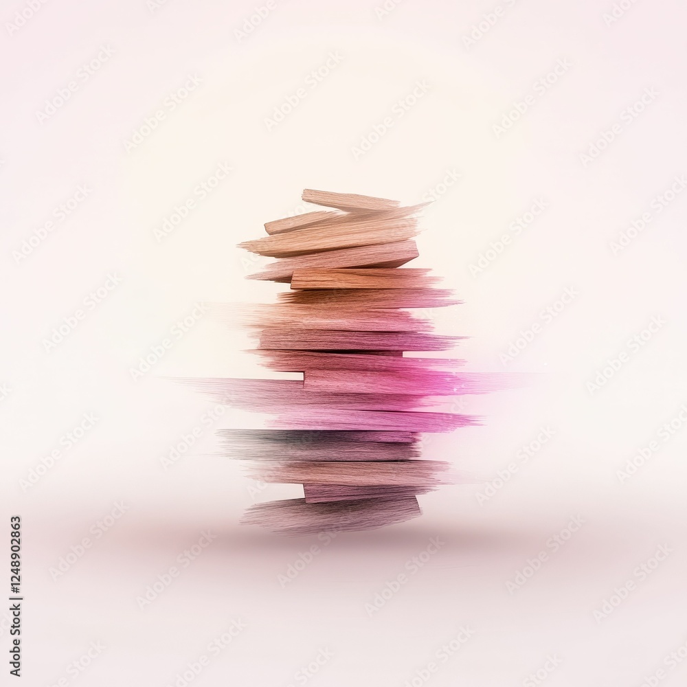 Poster a colorful, abstract depiction of stacked shapes, blending hues of pink and beige, creating a sense 