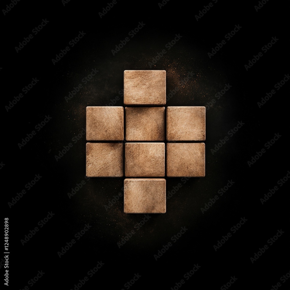 Poster a minimalist arrangement of textured blocks forming a cross shape, set against a dark background, em