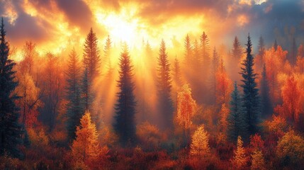 Obraz premium Majestic autumn forest at sunset with vibrant colors and sun rays filtering through trees