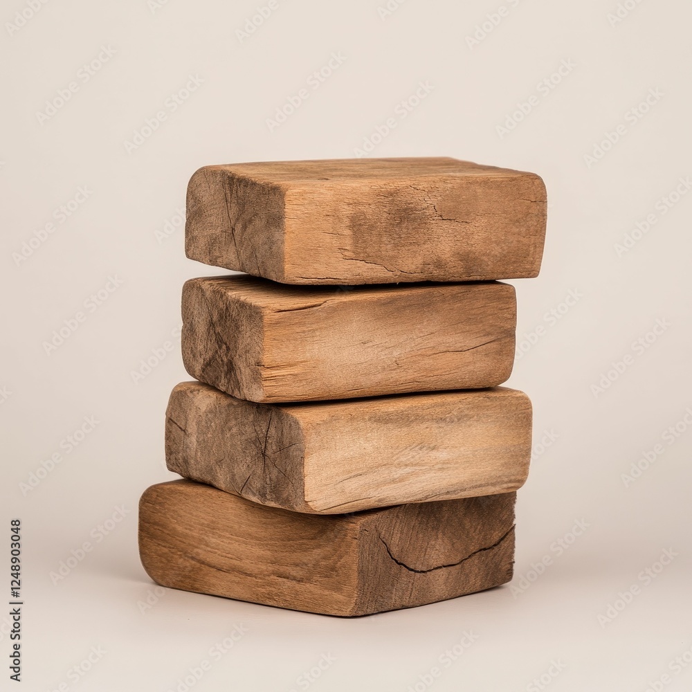 Poster a stack of four wooden blocks arranged neatly on a light background, showcasing their natural textur