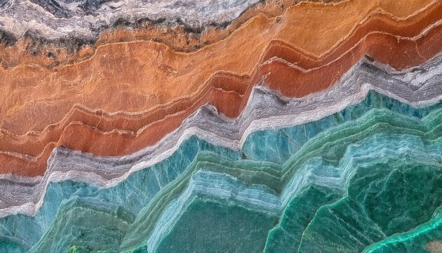 abstract aerial view of colorful mineral rock layers, showcasing orange, green, and teal striations, perfect for geology or art decor

