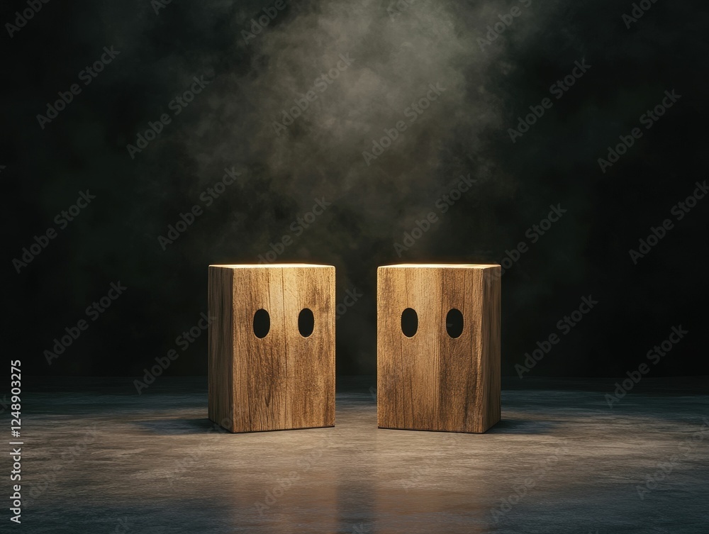 Poster two wooden blocks with circular cutouts sit in a dimly lit space, surrounded by a smoky atmosphere, 