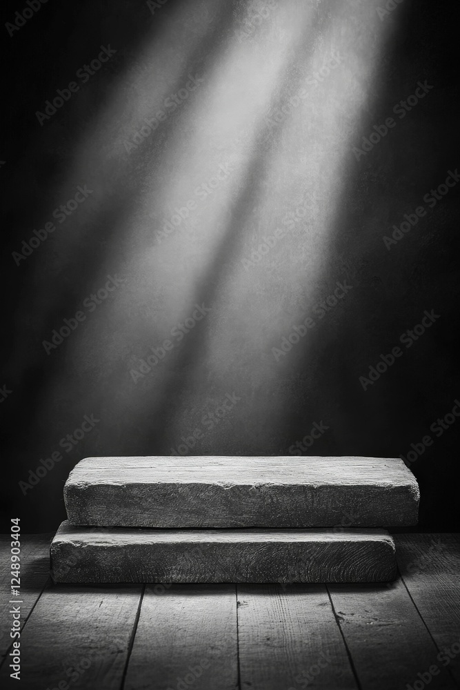 Aufkleber a minimalist, monochrome image featuring two stacked stone blocks illuminated by soft light from abo