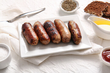 Plate of tasty grilled sausages on white background