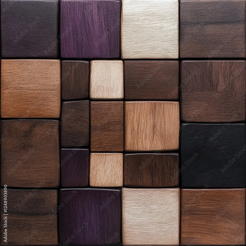 Poster a visually striking arrangement of various wooden blocks in different shades and textures, creating 