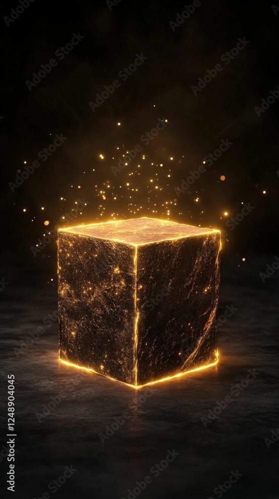 Poster a glowing, magical cube surrounded by shimmering particles, set against a dark background, creating 