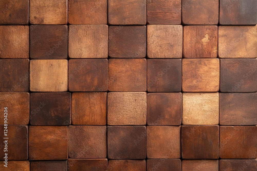 Poster a textured wooden wall featuring a checkerboard pattern of dark and light squares, creating a warm, 