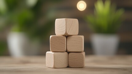 A stack of wooden blocks on a rustic table, surrounded by greenery, creating a warm and inviting atmosphere.