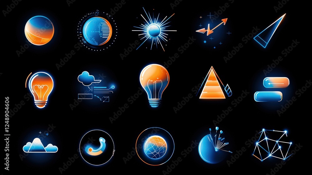 Poster a dynamic set of monochrome gradient icons, blending smooth transitions to create a sophisticated bu