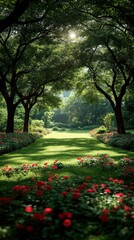 Obraz premium Sunlight Filtering Through Trees In Garden Path