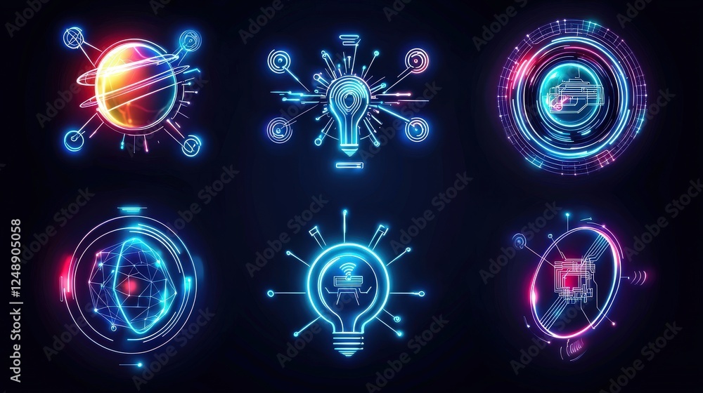 Poster a futuristic business technology icon set in monochrome, featuring clean lines and circuit-inspired 