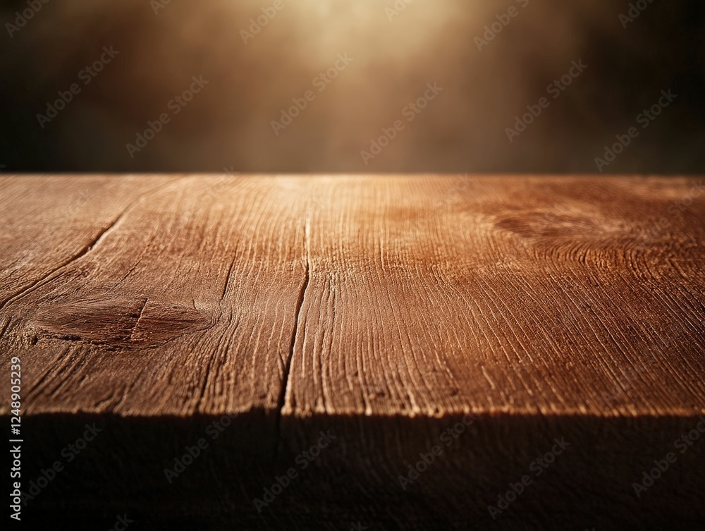 Poster a close-up of a wooden tabletop with a warm, inviting glow, creating a rustic and atmospheric backgr