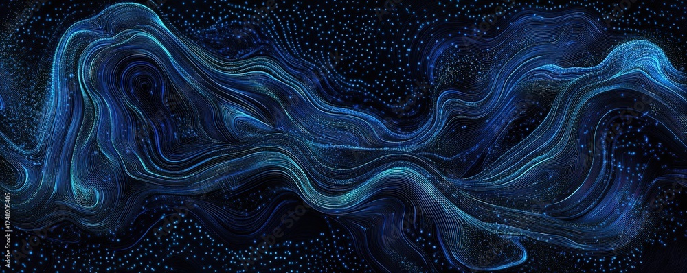 Poster abstract blue waves flowing dynamically across dark background, creating a mesmerizing visual experi