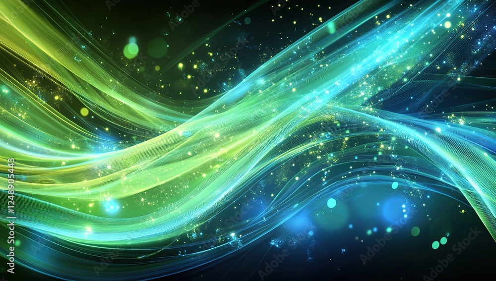 Poster abstract green and blue light waves flowing dynamically with sparkling dust, creating a mesmerizing 