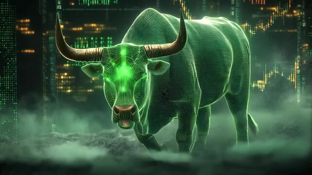 3D animation bull market on the stock exchange, crypto, forex. Candles of the stock market, price up. Bull Run.