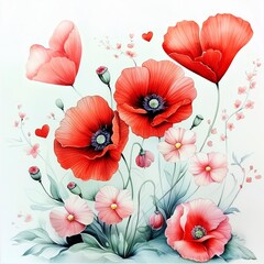 Vibrant watercolor illustration of red poppies and pink flowers with delicate hearts.