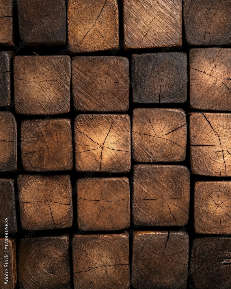 Poster a close-up view of rustic wooden blocks arranged in a grid, showcasing their textures, colors, and n