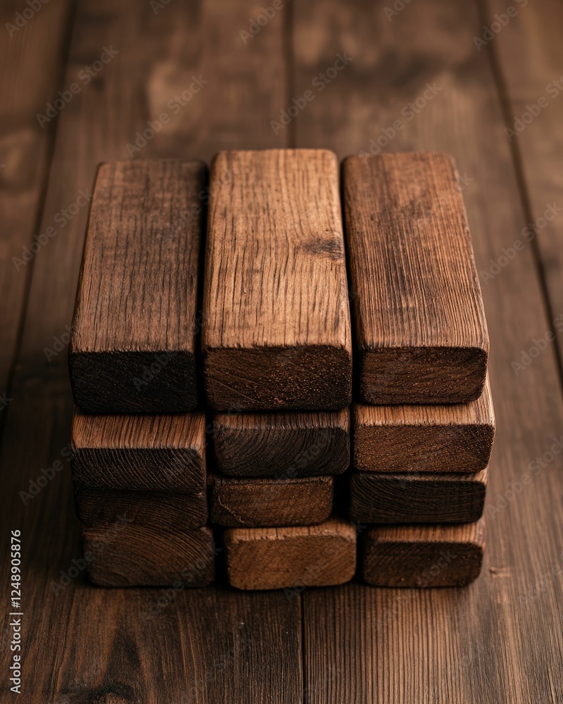 Poster a stack of rustic wooden blocks arranged neatly on a wooden surface, showcasing their texture and na