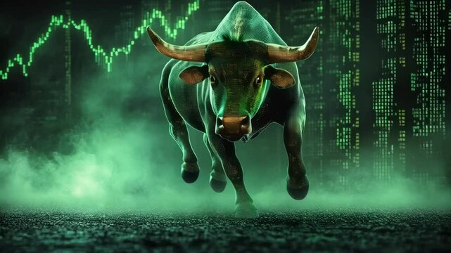 3D animation bull market on the stock exchange, crypto, forex. Candles of the stock market, price up. Bull Run.