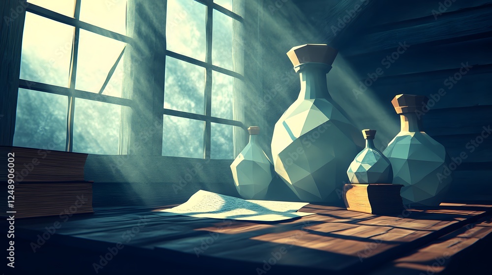 Poster low-poly art 197 arranged on a rustic table warm with a vase and an open book creating a cozy atmosp